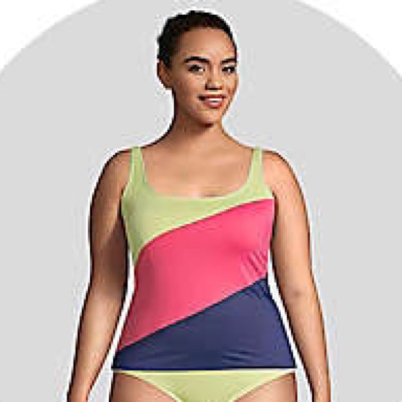 Lands’ End Squareneck Tankini Swim Top Plus Size 24W Underwire Sea Navy Lime - Picture 1 of 7